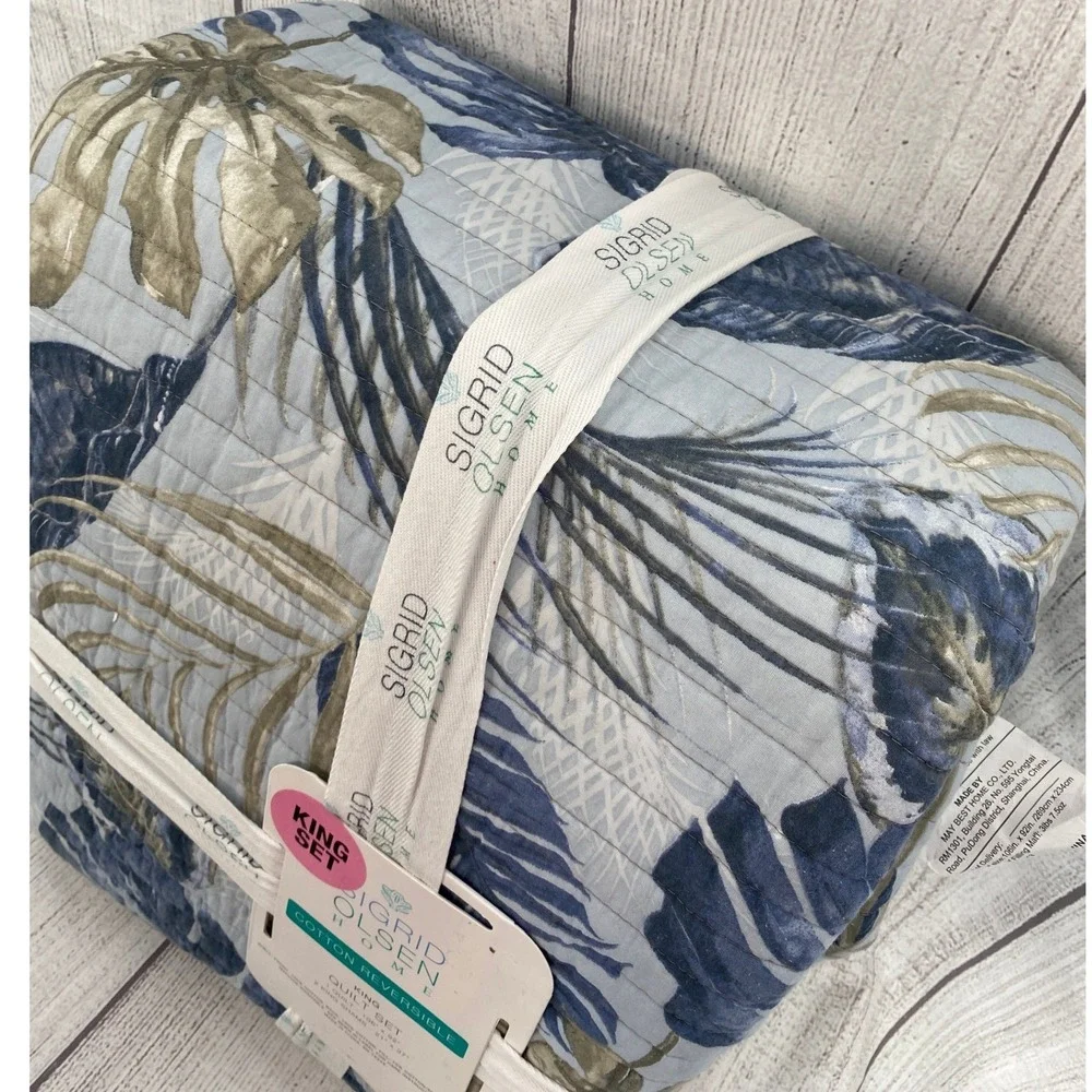 Sigrid Olsen Home Quilt Set King Blue Tropical Leaf Reversible Cotton Botanical - Picture 11 of 11